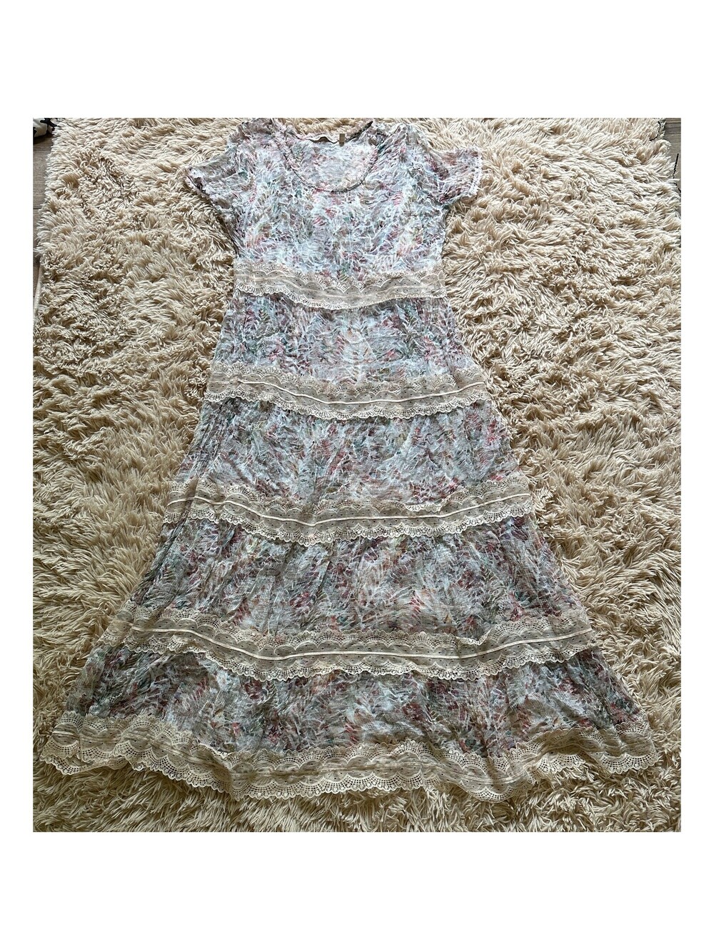 Soft Surroundings floral tiered dress with lace trim, size 10